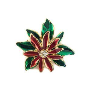 Vintage Enamel Poinsettia Brooch with Rhinestone Center Signed LS